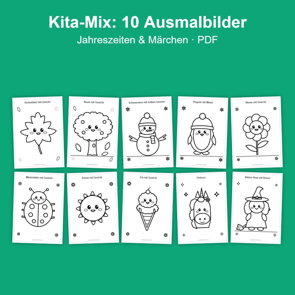 Kita-Mix mit 10 Ausmalbildern für Kita und Kindergarten als PDF
