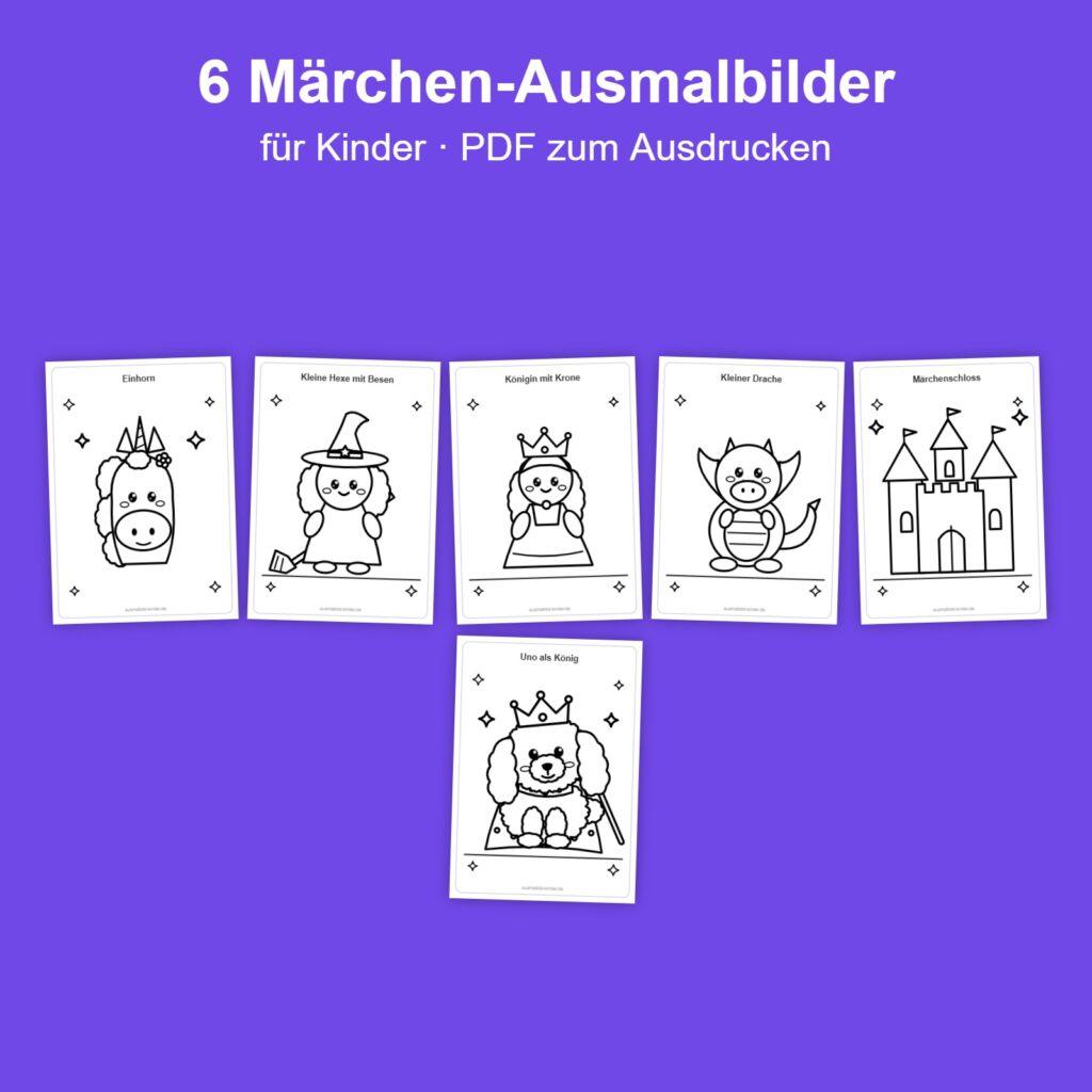Paket mit 6 Märchen-Ausmalbildern für Kinder als PDF