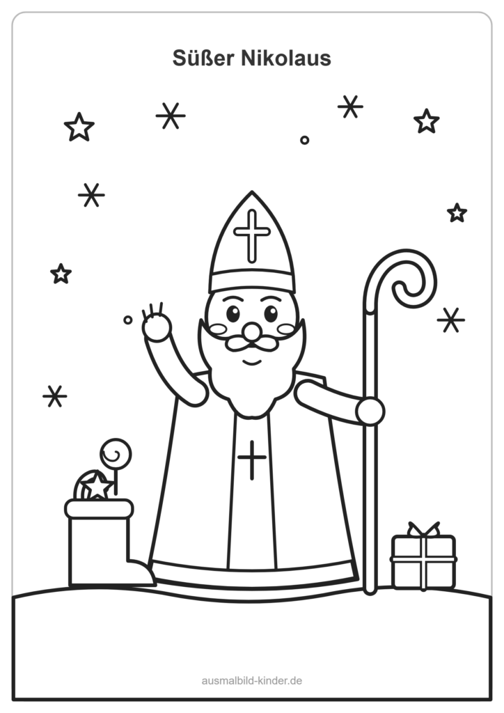 Süßer Nikolaus mit Bischofsmütze, goldenem Stab und gefülltem Nikolausstiefel zum Ausmalen – Nikolaus Ausmalbild für Kinder