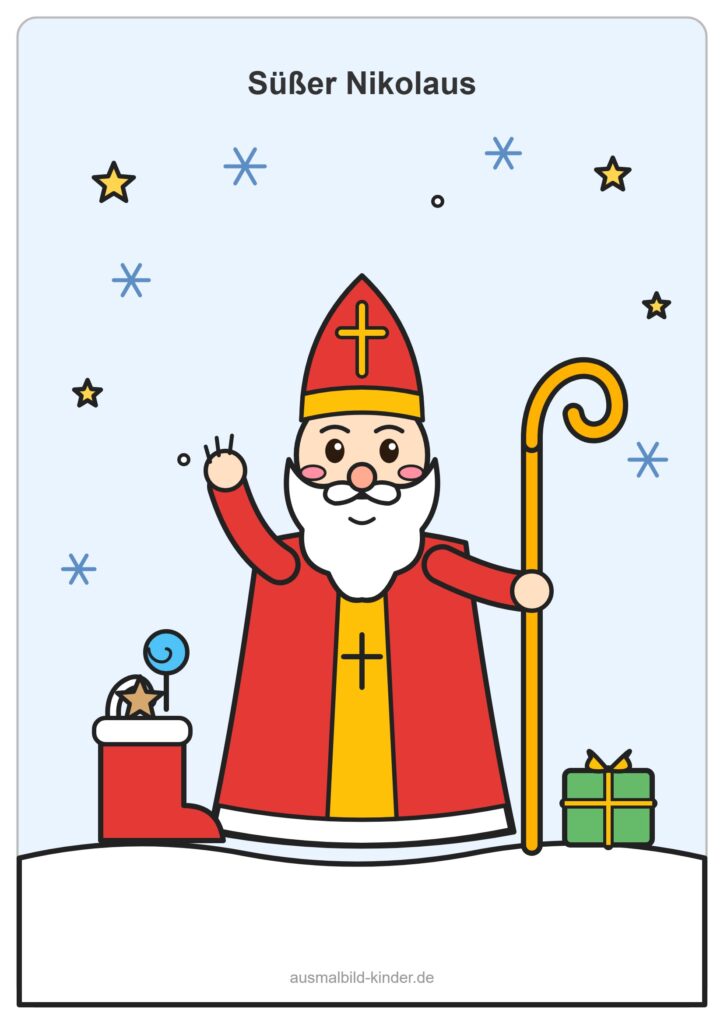 Bunt ausgemalter süßer Nikolaus mit roter Bischofsmütze, goldenem Stab und Nikolausstiefel – Weihnachten Ausmalbild für Kinder