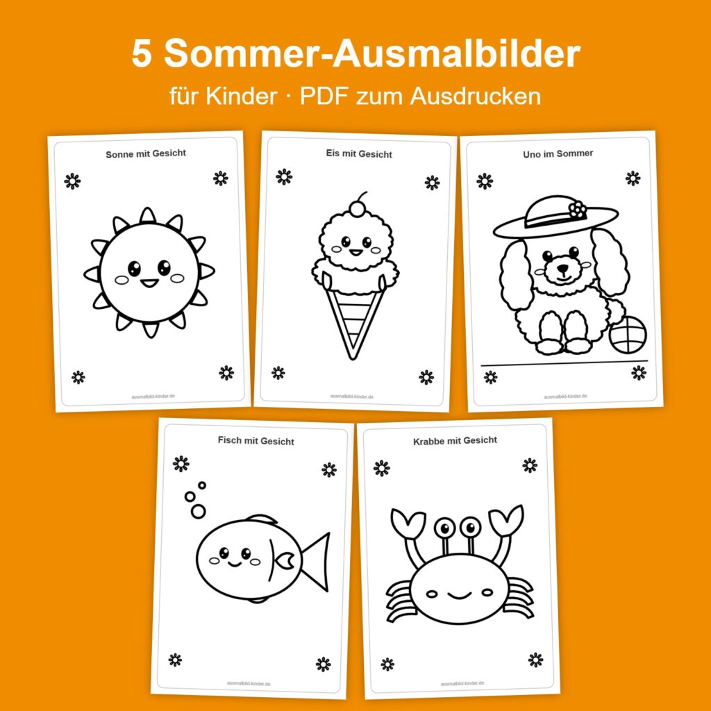 Paket mit 5 Sommer-Ausmalbildern für Kinder als PDF