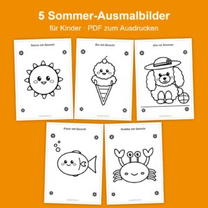 Paket mit 5 Sommer-Ausmalbildern f&uuml;r Kinder als PDF