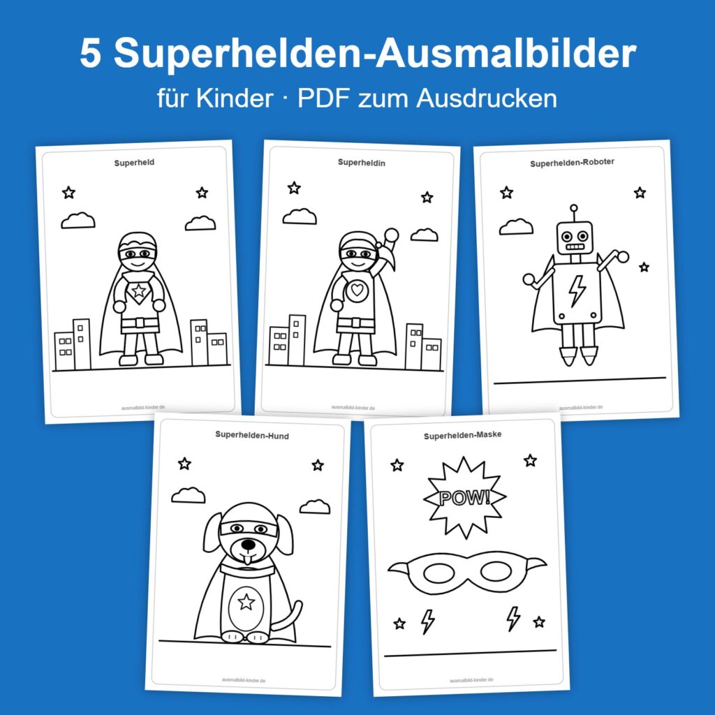 Paket mit 5 Superhelden-Ausmalbildern für Kinder als PDF