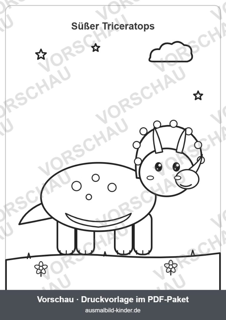 Süßer Triceratops mit drei Hörnern und Nackenschild zum Ausmalen (Vorschau) – Triceratops Ausmalbild