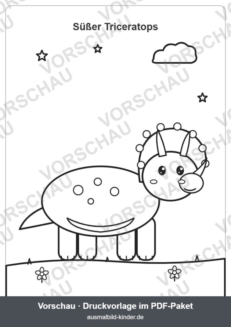 Süßer Triceratops mit drei Hörnern und Nackenschild zum Ausmalen (Vorschau) – Triceratops Ausmalbild