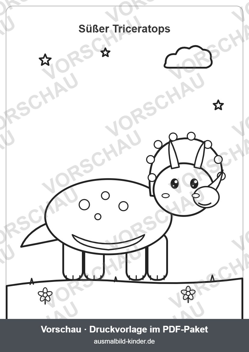 Süßer Triceratops mit drei Hörnern und Nackenschild zum Ausmalen (Vorschau) – Triceratops Ausmalbild