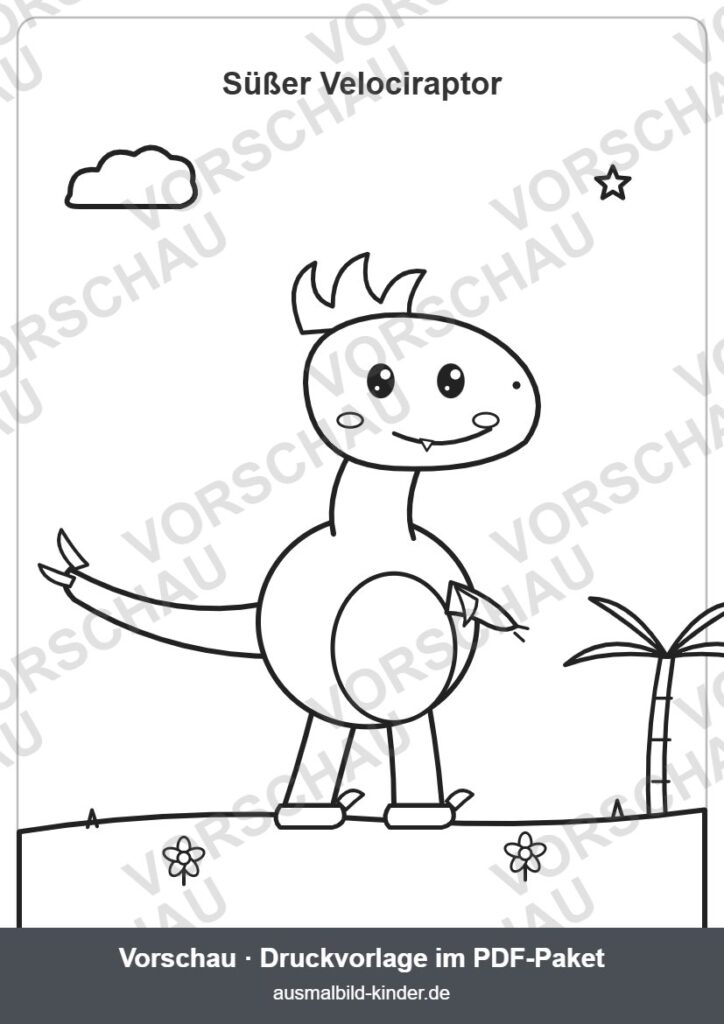 Süßer Velociraptor mit Federkamm und langem Schwanz zum Ausmalen (Vorschau) – Velociraptor Ausmalbild