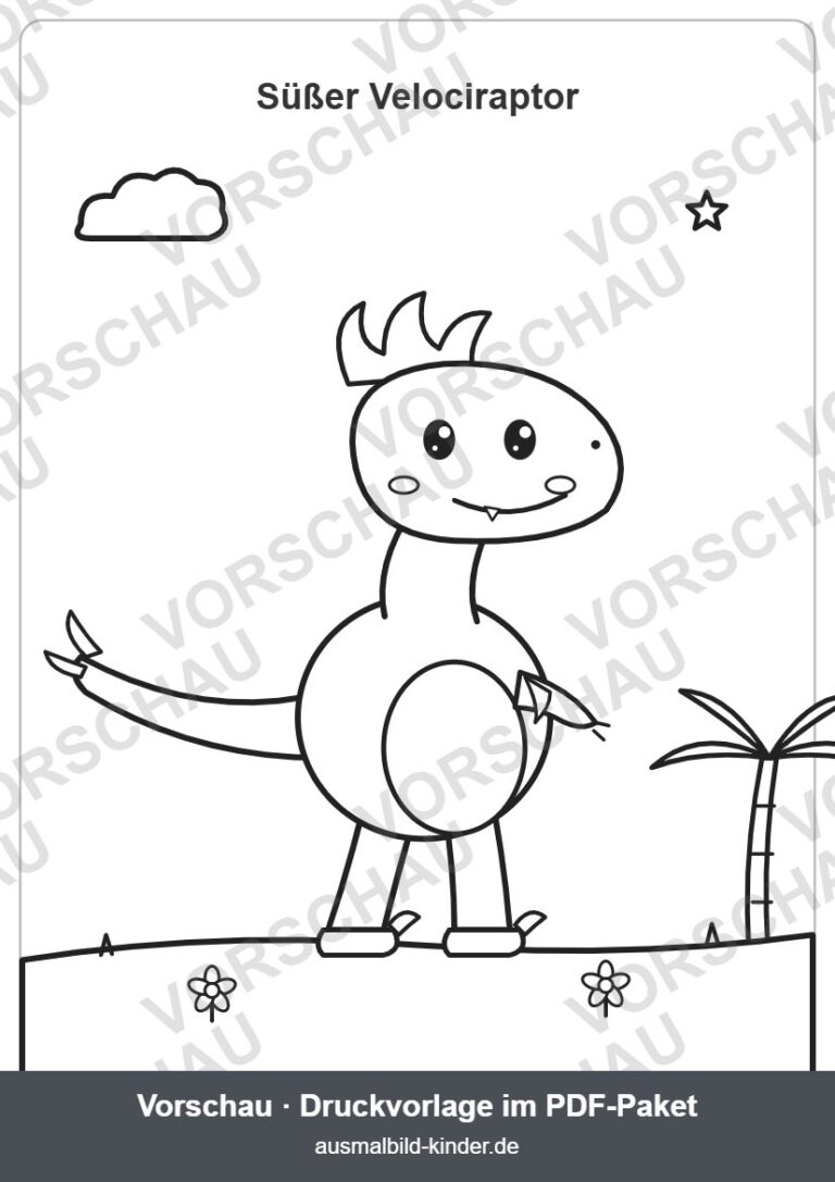 Süßer Velociraptor mit Federkamm und langem Schwanz zum Ausmalen (Vorschau) – Velociraptor Ausmalbild