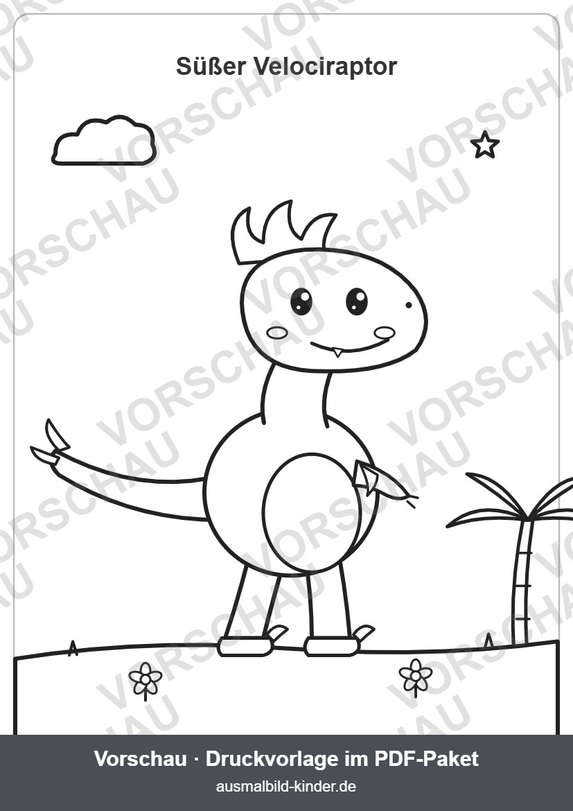 Süßer Velociraptor mit Federkamm und langem Schwanz zum Ausmalen (Vorschau) – Velociraptor Ausmalbild