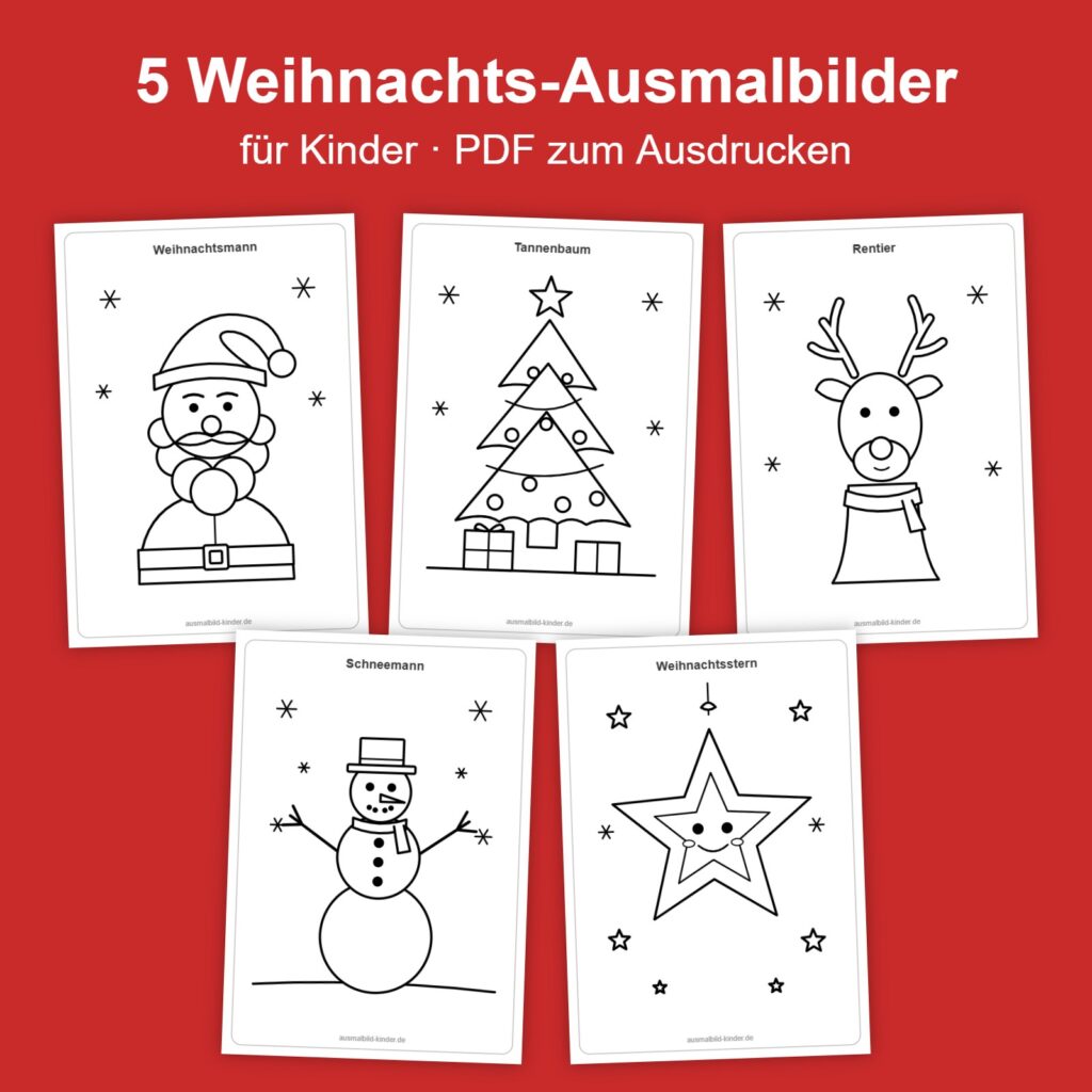 Paket mit 5 Weihnachts-Ausmalbildern für Kinder als PDF