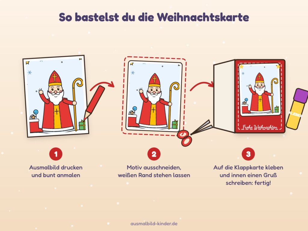 Anleitung Weihnachtskarte basteln: Nikolaus-Ausmalbild anmalen, ausschneiden und auf eine rote Klappkarte kleben
